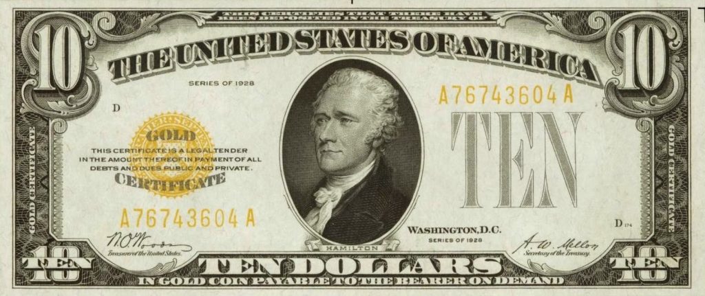 Series 1928 U.S. Treasury Ten Dollar Gold Certificate.