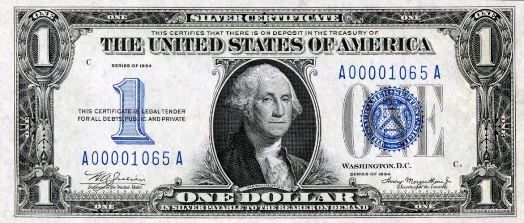 Series 1934 U.S. Treasury One Dollar Silver Certificate.